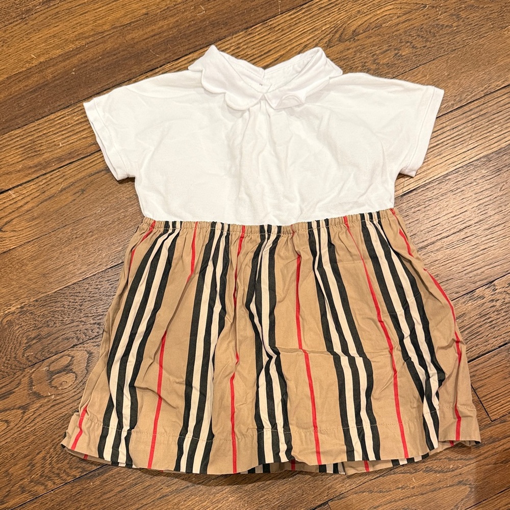 Burberry White Top with Classic Tan Striped Skirt